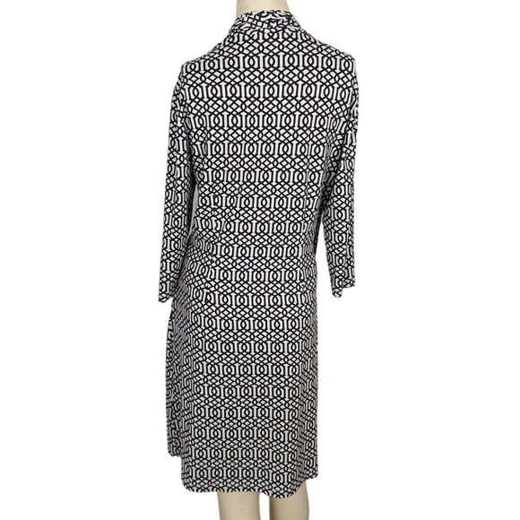 J. McLaughlin 3/4 sleeve black‎ cream abstract faux wrap dress M - Picture 2 of 10